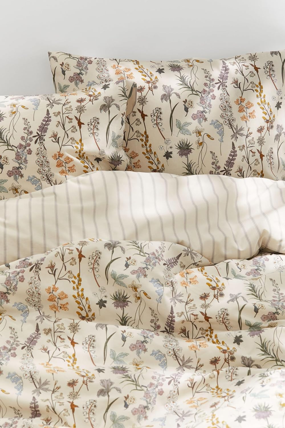 Floral Duvet Cover 3 Pieces Aesthetic Reversible Striped Bedding Set Farmhouse Botanical Flowers Design Soft