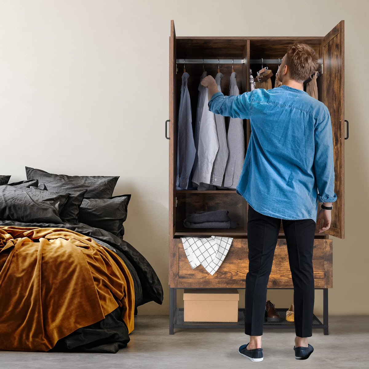 38" W Armoire, Wardrobe Closet with Hanging Rod, Bedroom 71" Freestanding Wardrobe Cabinet with Doors, Adjustable