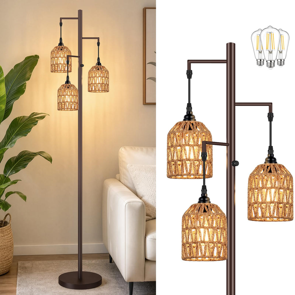 70'' Tall Floor Lamp, 3-Light Rattan Standing Lamp, Brown