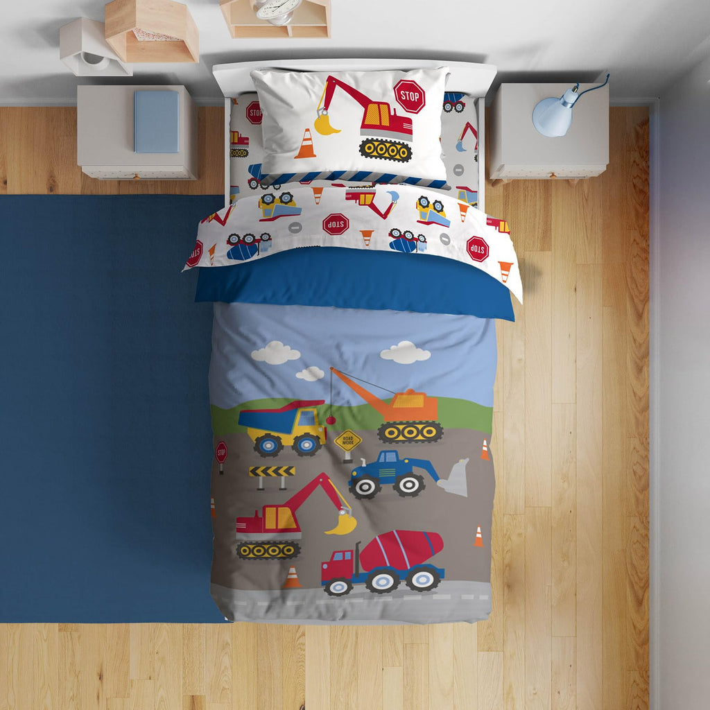 Construction Zone Toddler Comforter Set - 4 Piece Preschool Bedding Includes Comforter, Sheets & Pillow Cover - Super