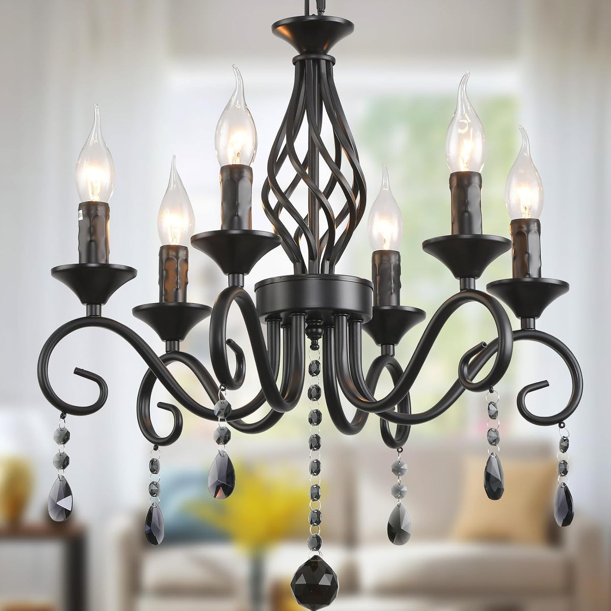 Six-Light Black Farmhouse Chandelier with Crystal Candle Trim