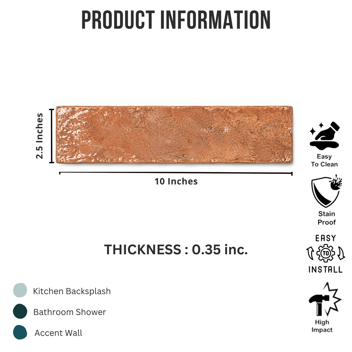 2.5x10 Terracotta Handmade Look Glossy Tile-50 Pieces