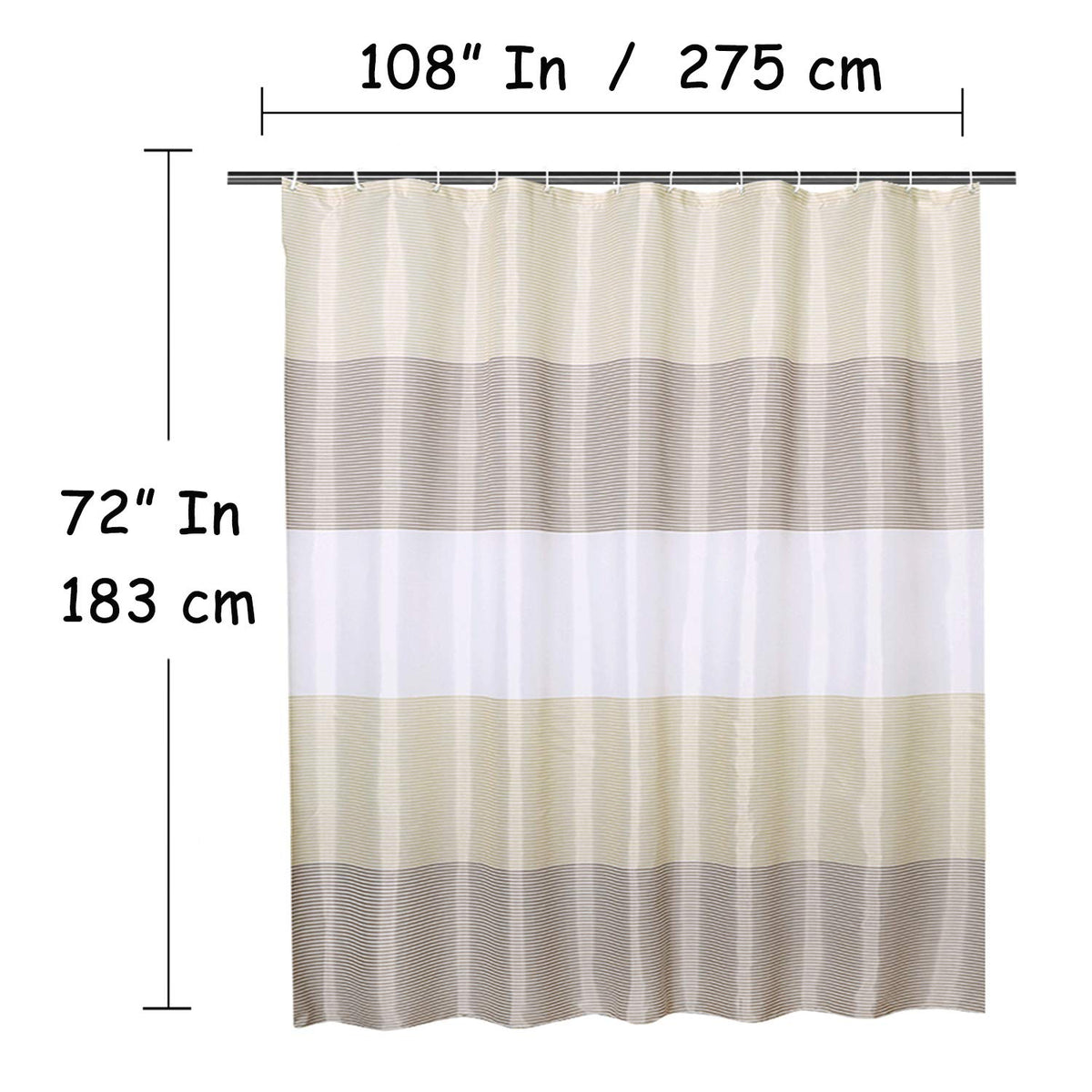 Extra Wide Fabric Shower Curtain Tan Gold, Wrap Around White Neutral Stripe with 18 Hooks, 108" W×72" H Inch