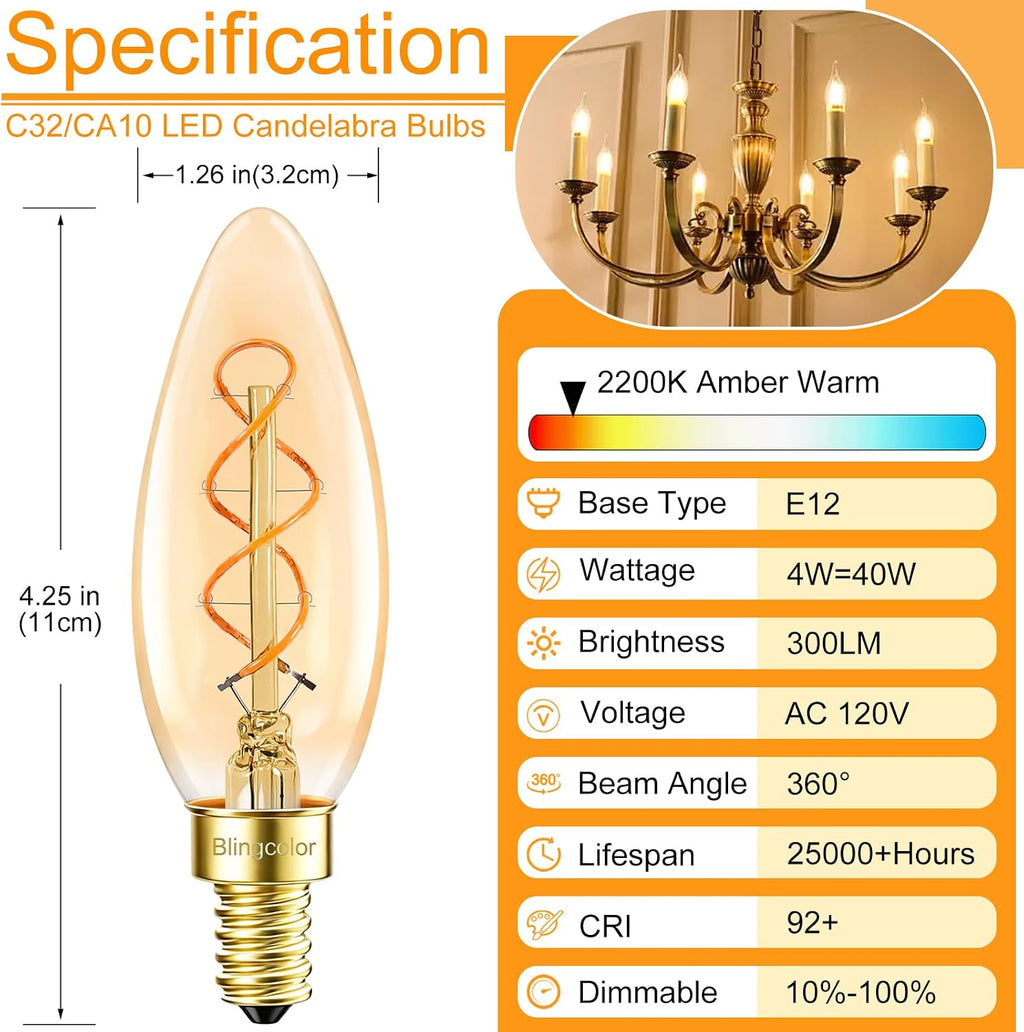 E12 Candelabra LED Light Bulbs, 6 PACK 4W E12 LED Warm Light Bulbs 2200K