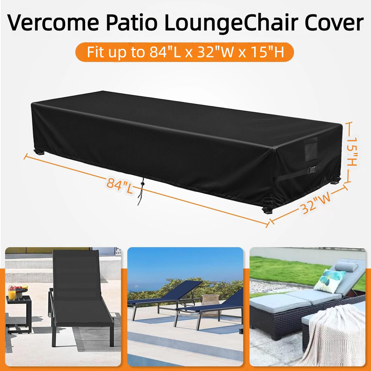 Patio Chaise Lounge Cover Waterproof 84x32x15in Black