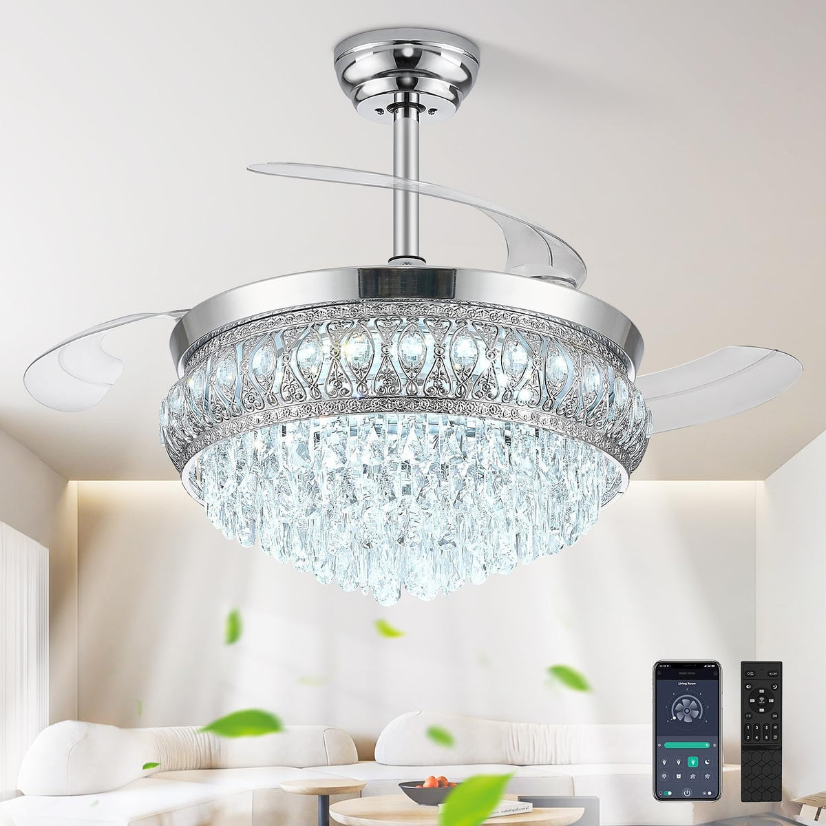 42" Crystal Retractable Ceiling Fan with Light & Remote