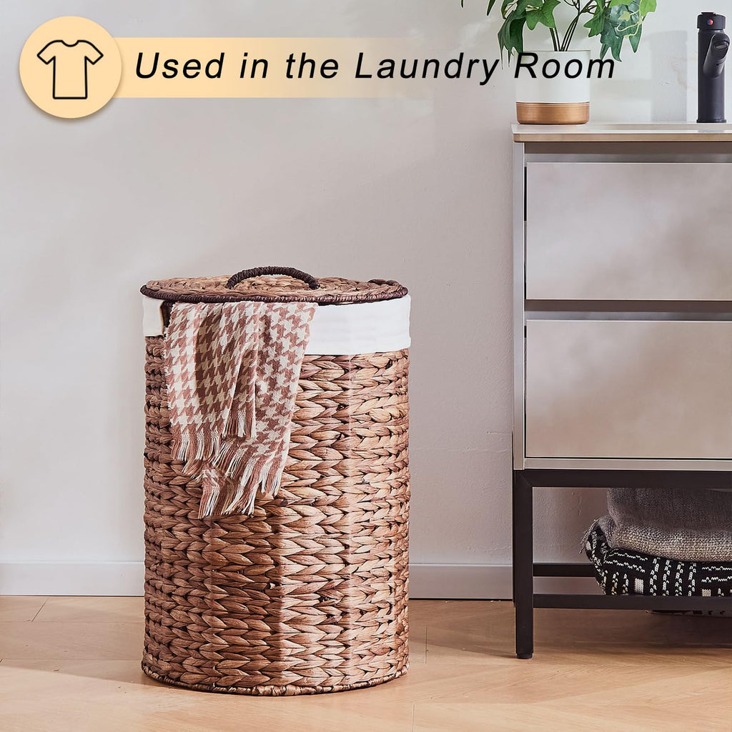 Round Water Hyacinth Laundry Hamper with Lid Handwoven Wicker Basket with Handles for Dirty Clothes, Storage, and