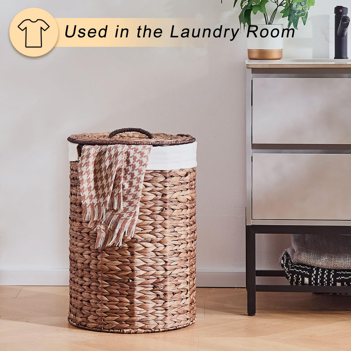 Round Water Hyacinth Laundry Hamper with Lid Handwoven Wicker Basket with Handles for Dirty Clothes, Storage, and