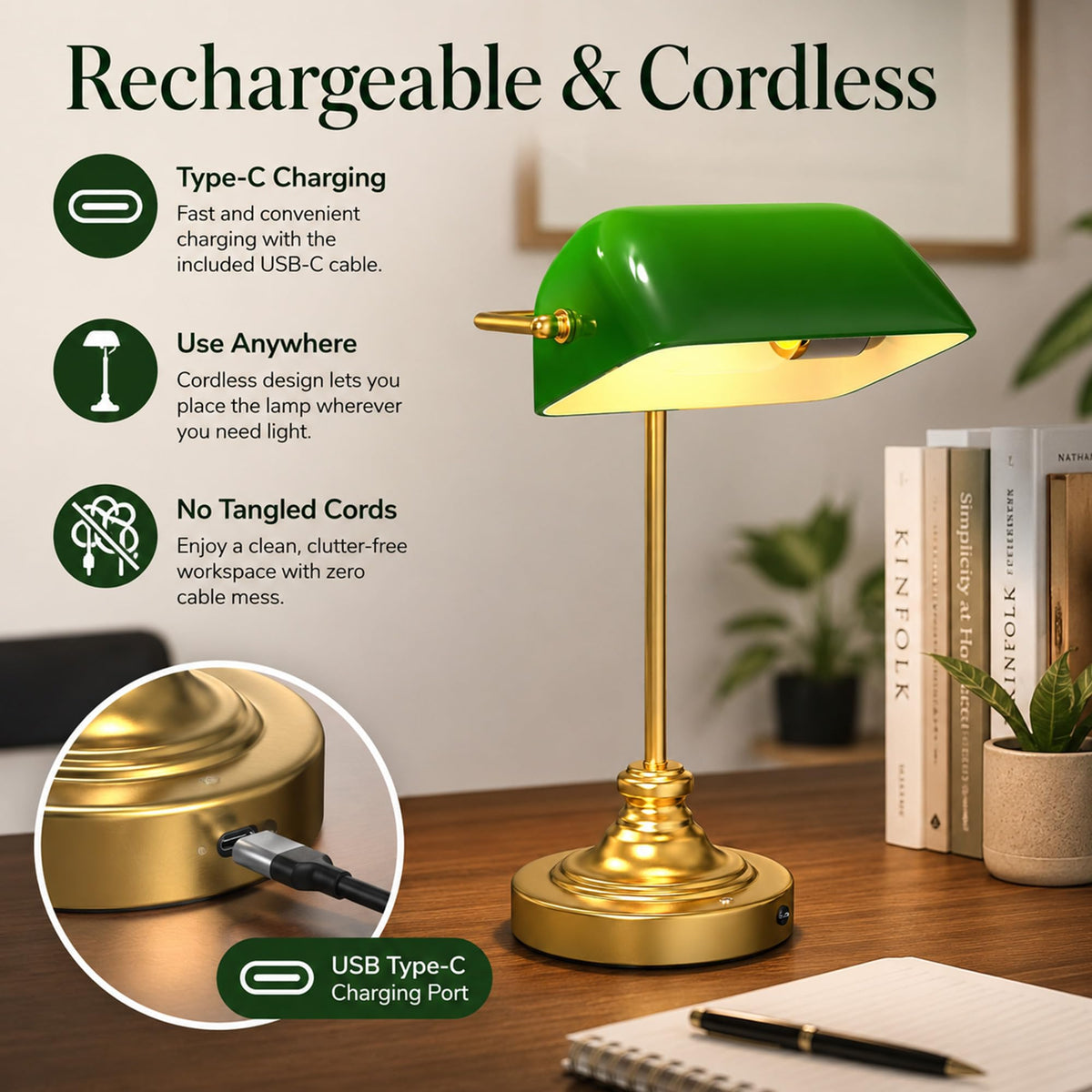 Cordless Bankers Lamp Rechargeable Green Glass Desk Lamp