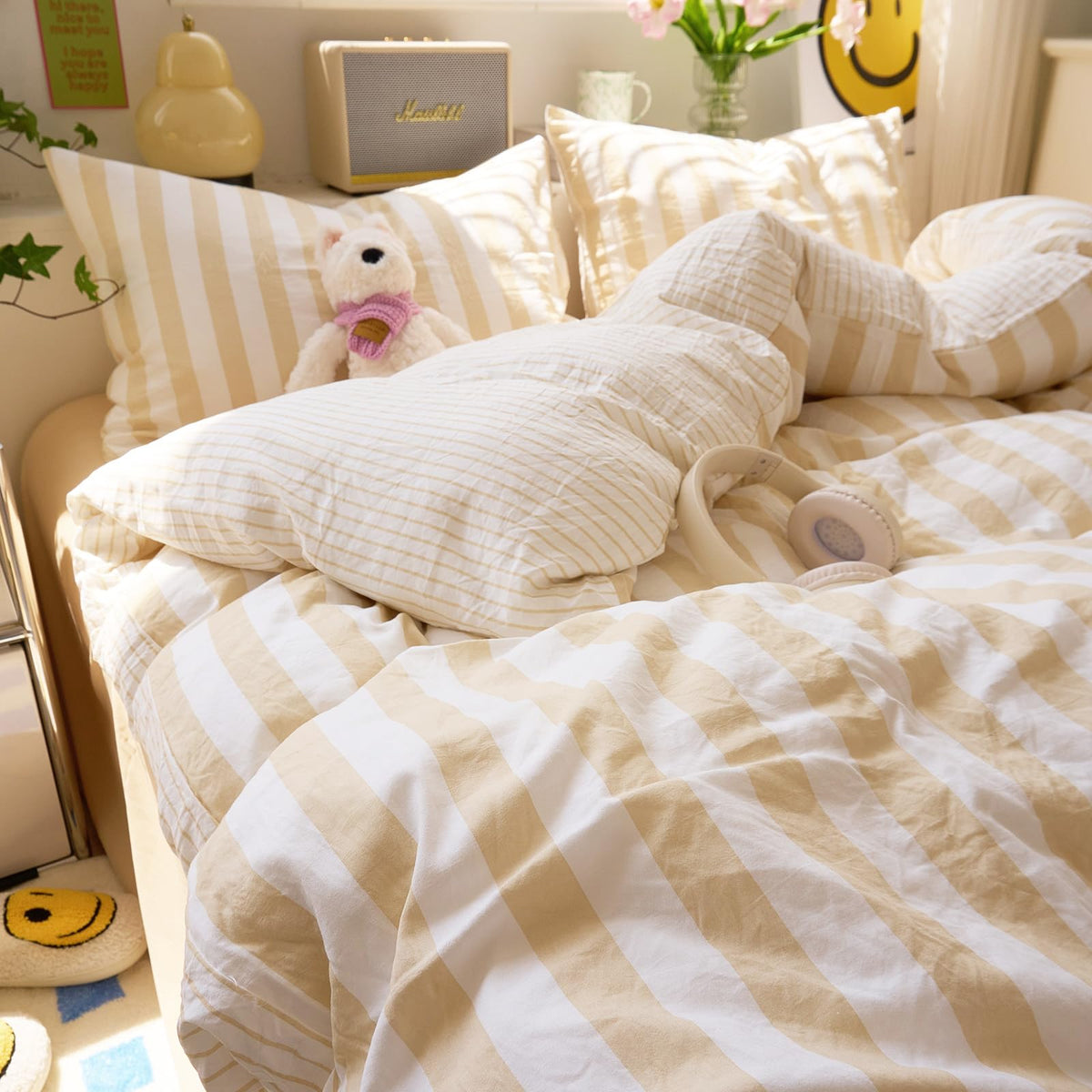 Boho Beige Striped Duvet Cover Soft Washed Microfiber 3-Piece
