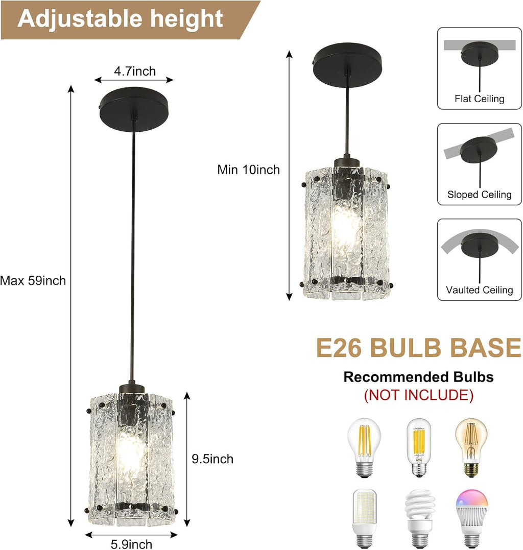 Black Pendant Lights Kitchen Island 2 Pack Modern Water Ripple Glass Pendant Lights Fixtures Round Adjustable Hanging
