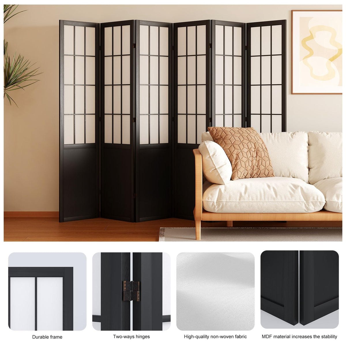Room Divider, 66.9Inch Tall Japanese Shoji Style Folding Wood Screen with Double Hinges Bedroom Hotel Decoration