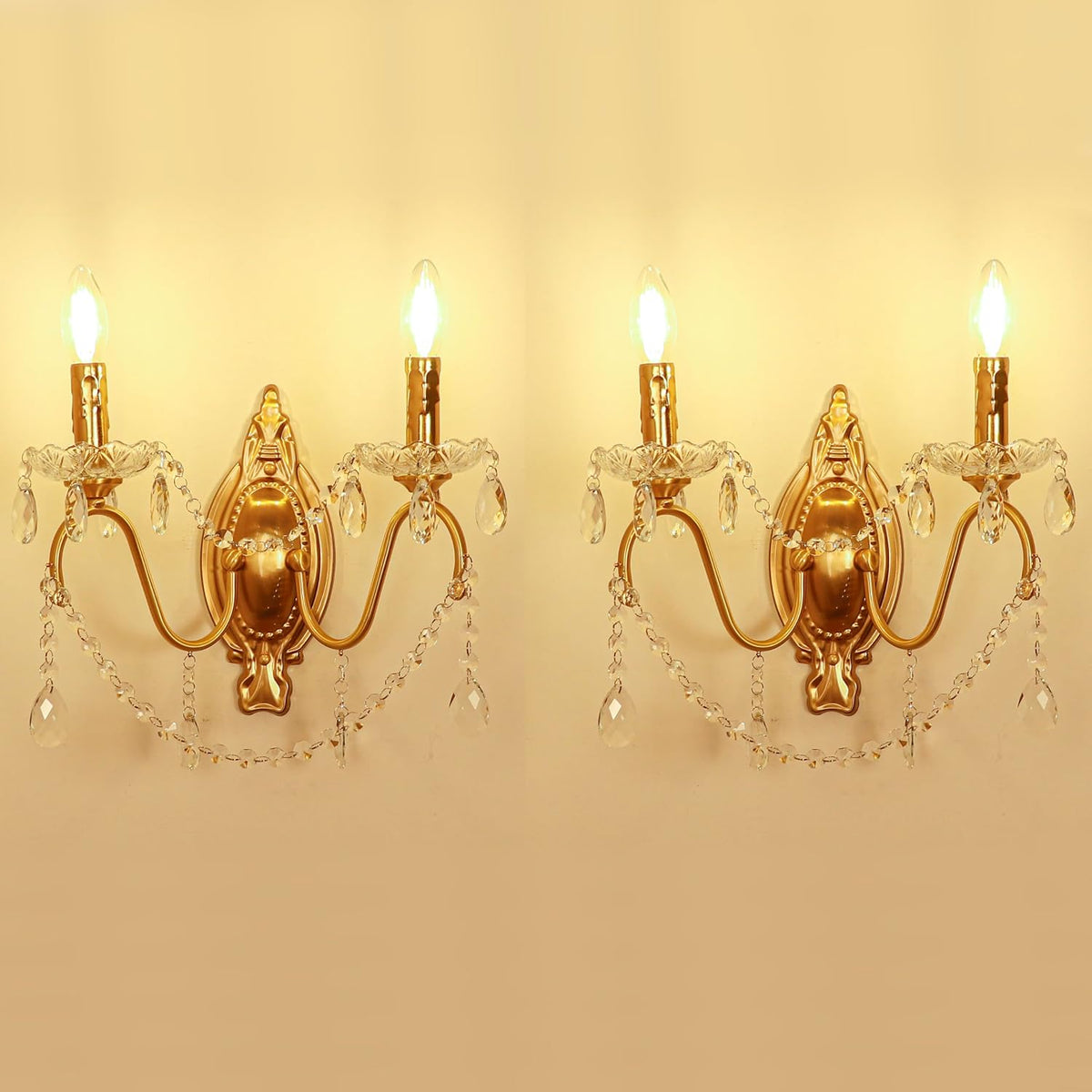 Two-Light French Vintage Crystal Sconce in Gold Iron, E12 Base
