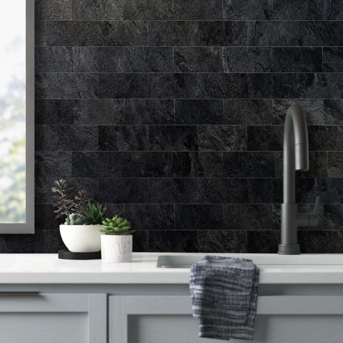 100 Piece Black Slate Peel and Stick Backsplash Wall Tiles, 3" x 6" PVC Faux Stone Stick on Tiles for Backsplash