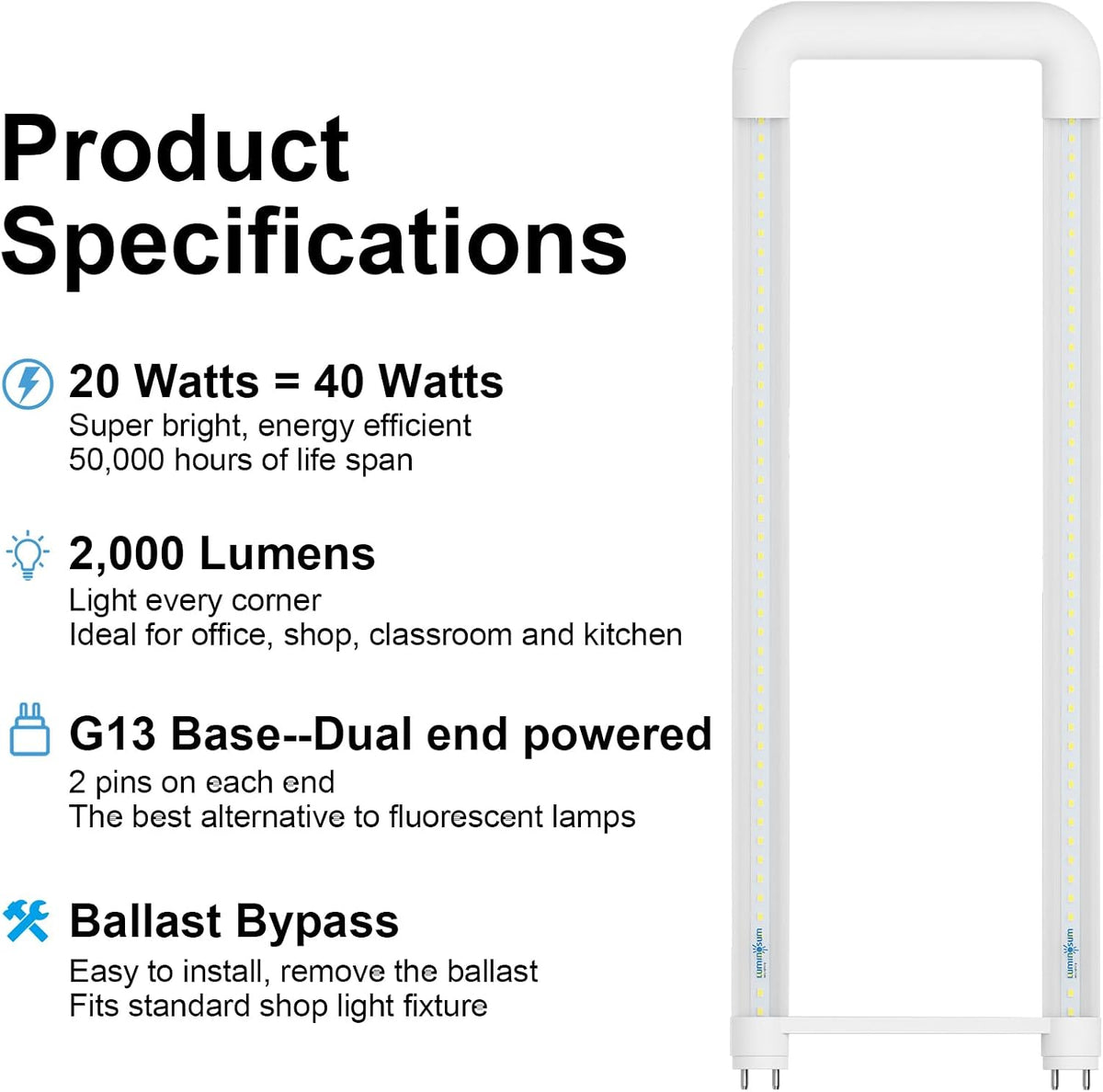 T8 U Bend Shape LED Tube Light 20W ETL Listed 2x2FT 6000k 10 Pack