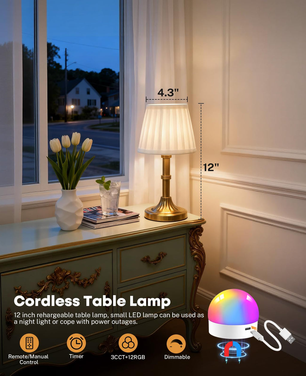 Cordless Table Lamp, 8000mAh Small Table Lamp with Remote Control, Rechargeable Battery Powered Light with Fabric