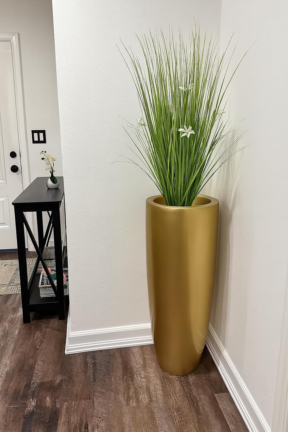 Tall 36" Gold Fiberglass Planter - Large Modern Lightweight Tapered Round Indoor/Outdoor Elegant Decorative Pot for