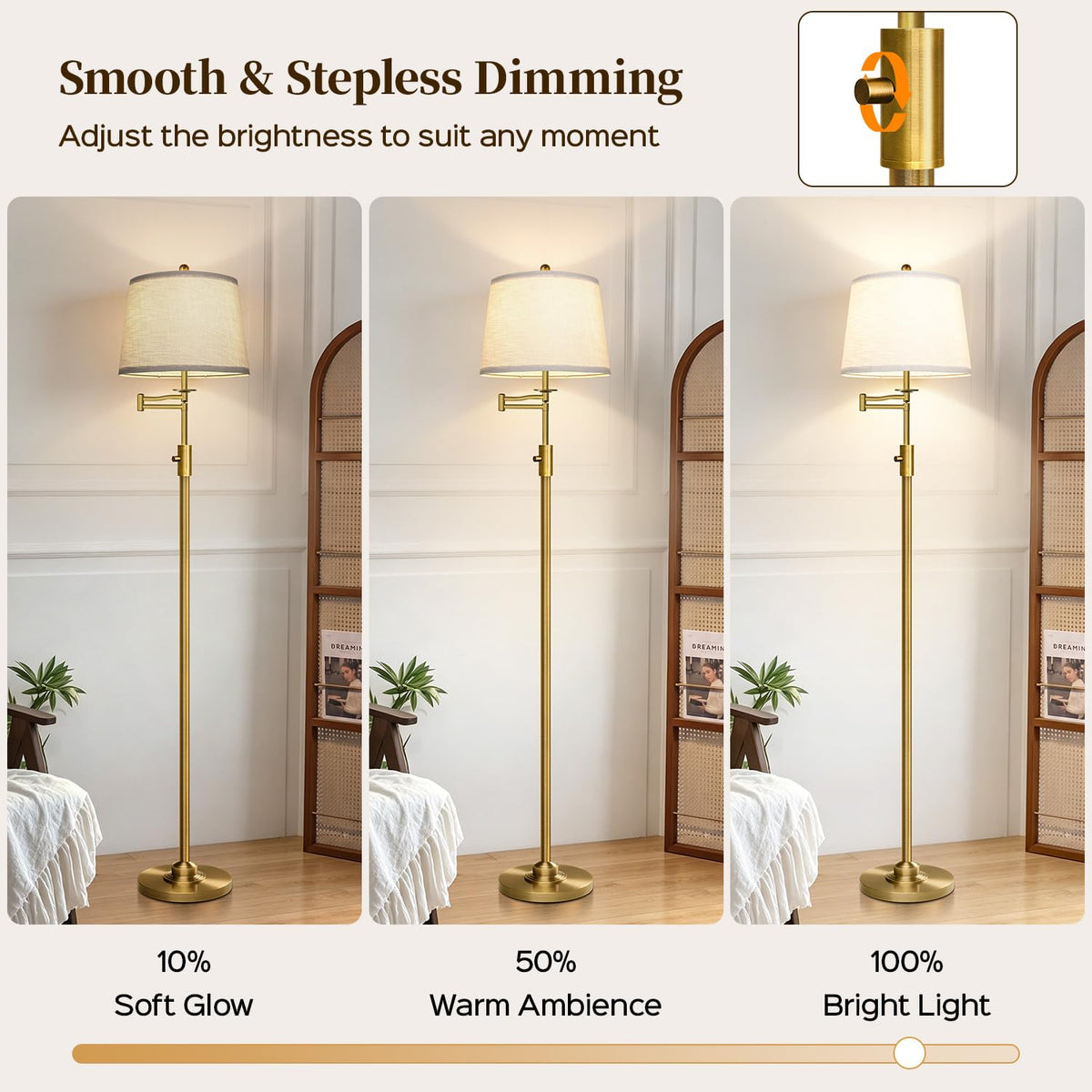 Dimmable Floor Lamp with 350° Swing Arm, 9w Bulb Included, Antique Brass