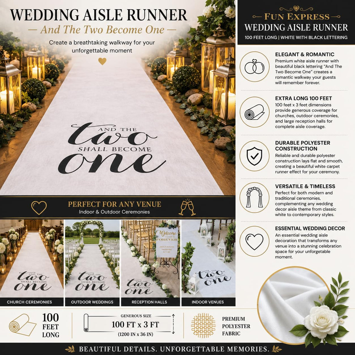 White Wedding Aisle Runner 100 Foot - Two Become One Decor