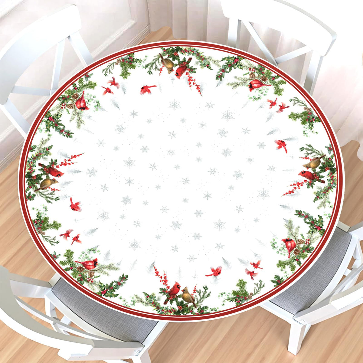 Winter Round Fitted Tablecloth with Elastic Edge, Water-Resistant Reusable Christmas Cardinal Bird Snowflake Red Table