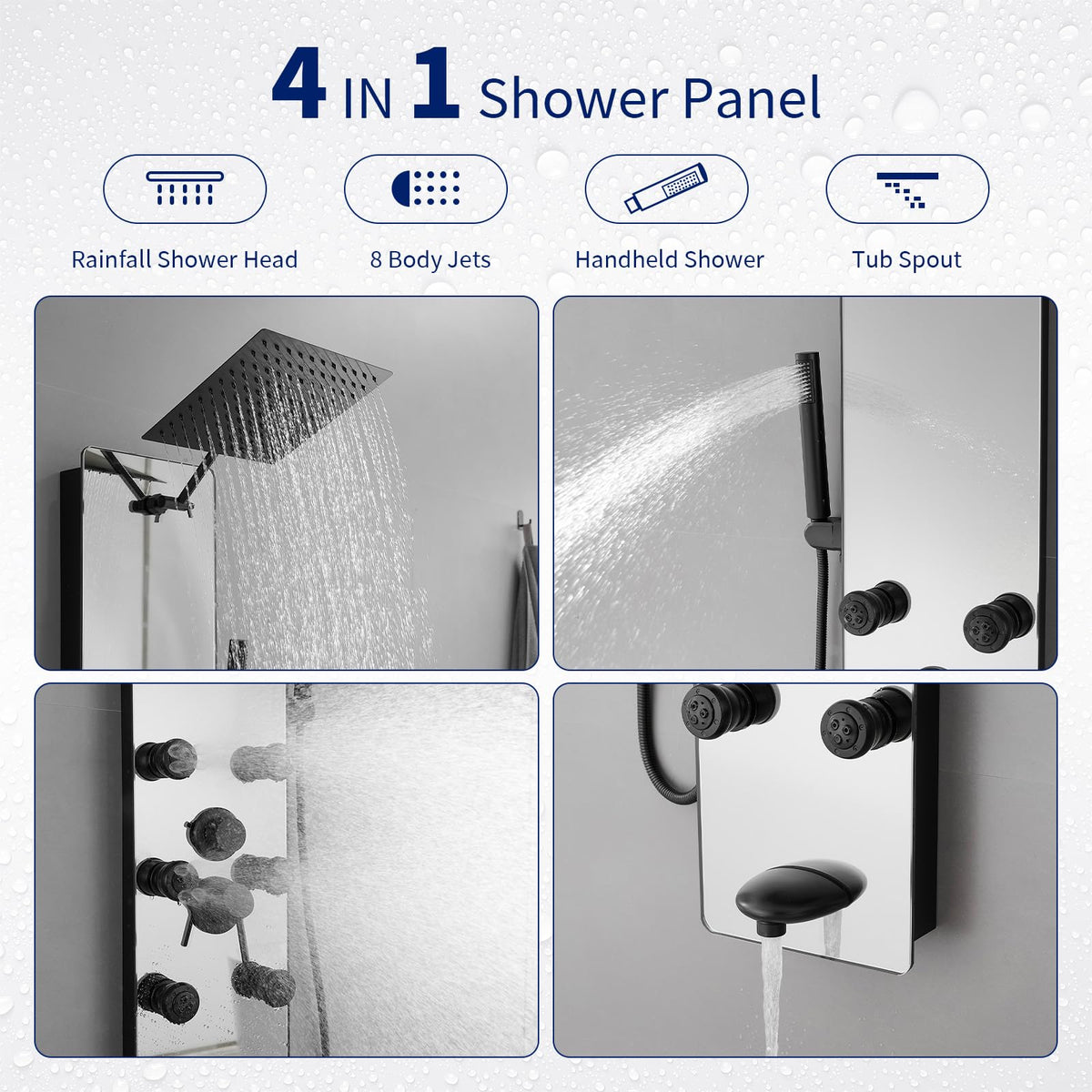 Stainless Steel Shower Panel Tower System Black Split Type