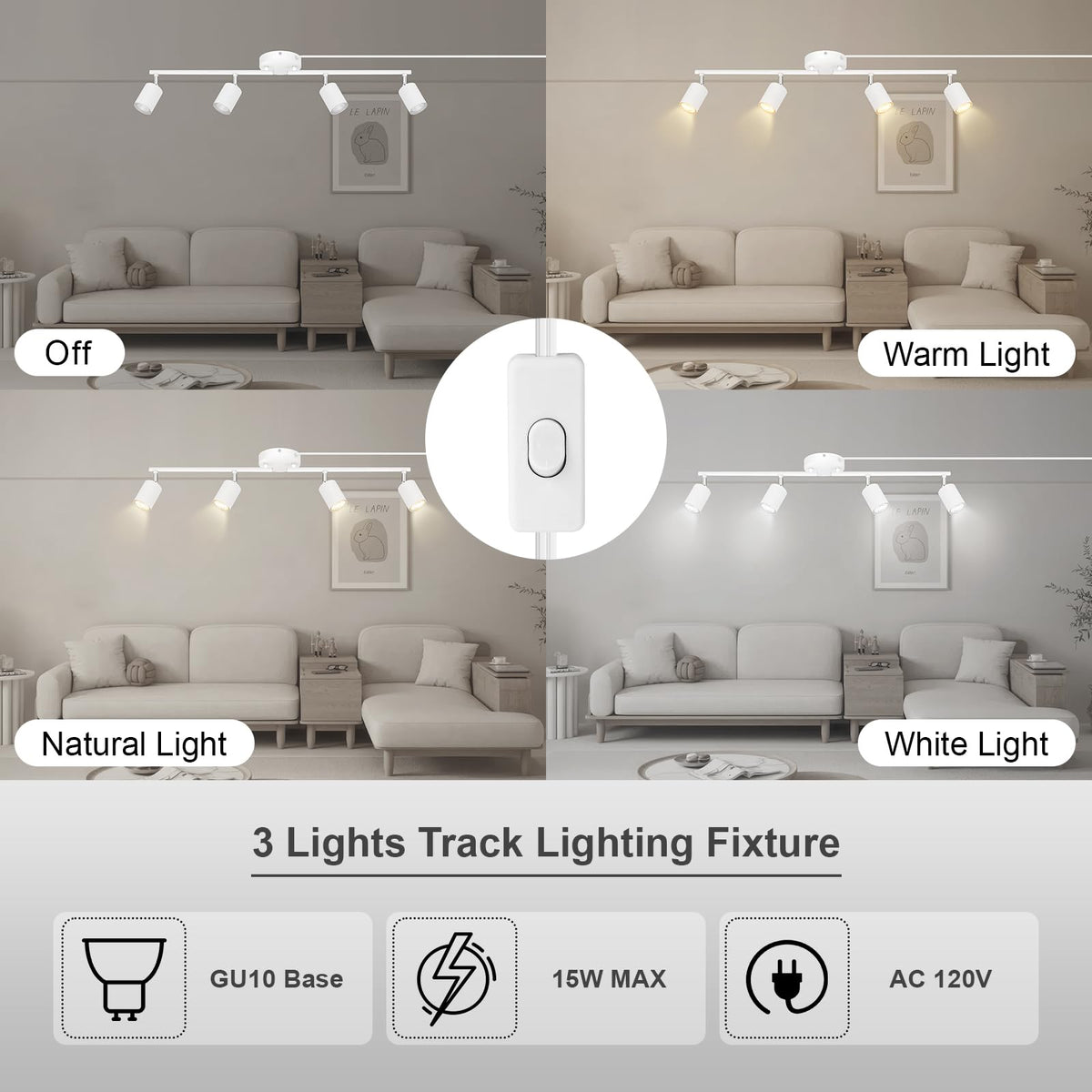 Track Lighting Plug in, LED Track Lighting Fixtures Ceiling Kit, White 4-Light Ceiling Light Plug-in, Wall Light