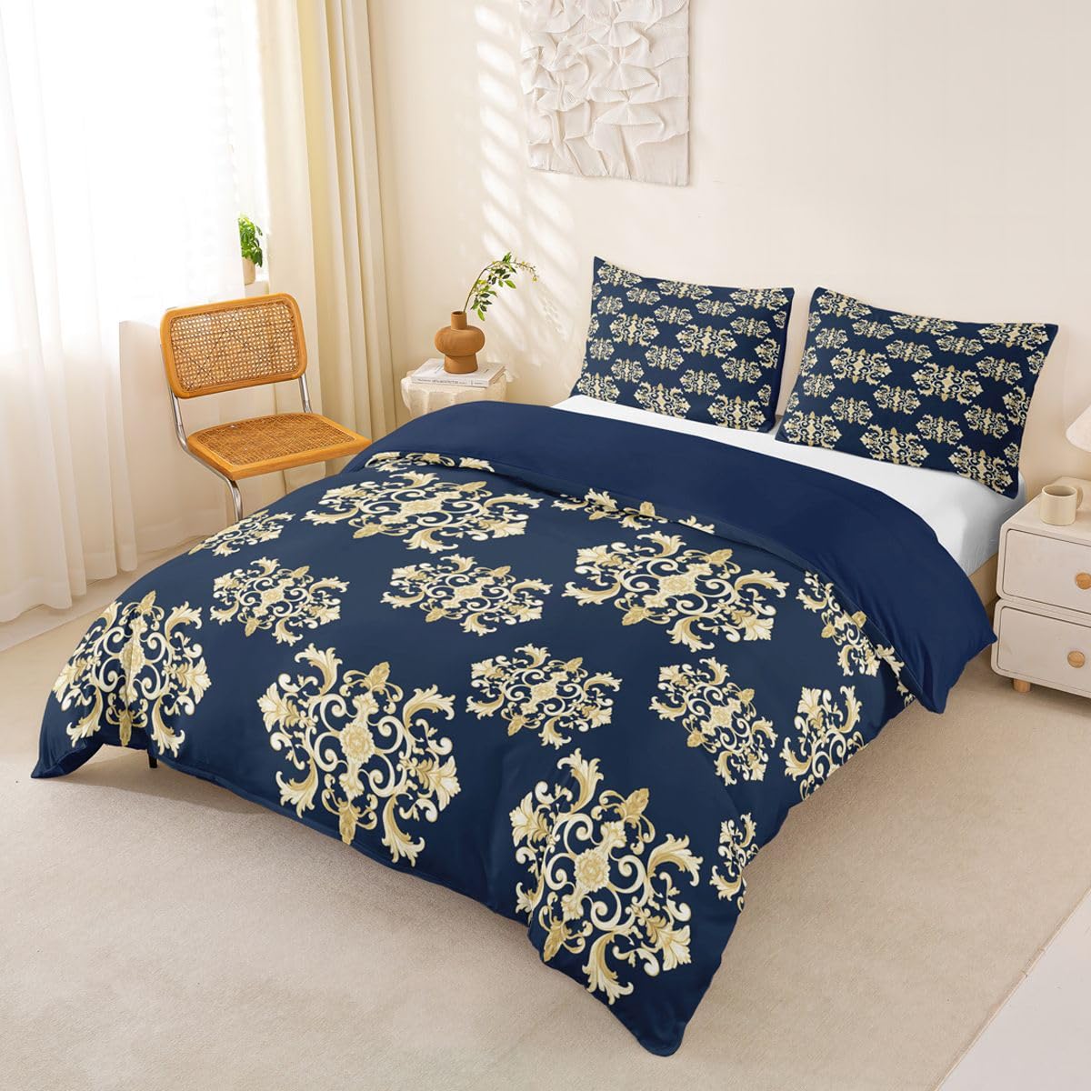 Baroque Print Duvet Cover Twin Blue Gold Navy Paisley Bohemian Comforter Cover Vintage Hippie Boho Bedding Set Golden