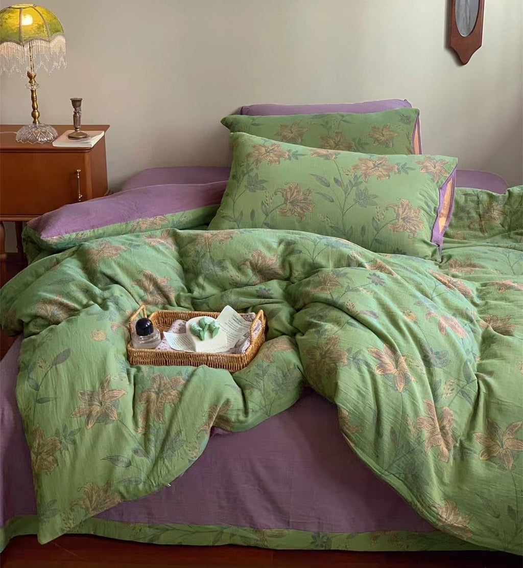 Linen Cotton Jacquard Duvet Cover Queen, 3 Pcs Yarn-Dyed Textured Duvet Cover Set Green Purple Floral Bedding