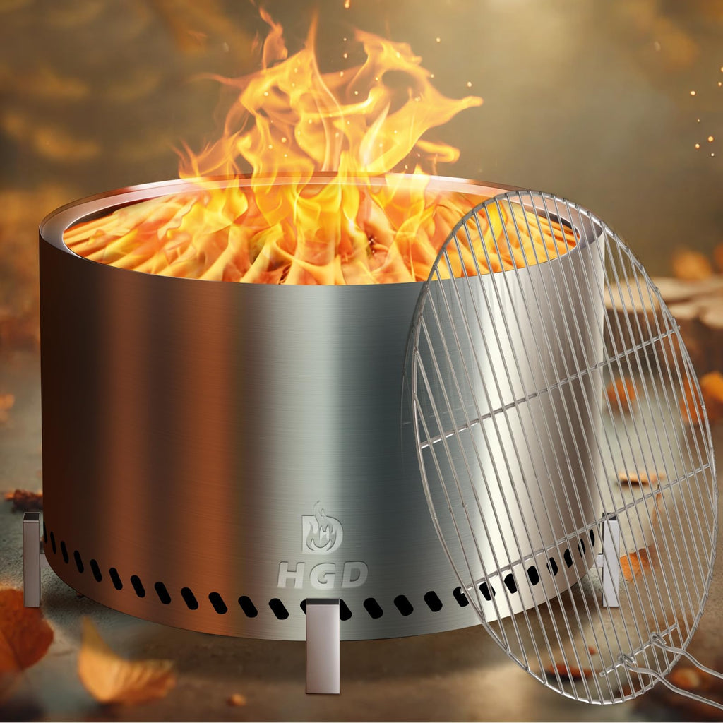 28 Inch Smokeless Firepit with Stand & Grill Rack, Large Stainless Steel Fire Pit, Wood Burning Firepit Garden Picnic
