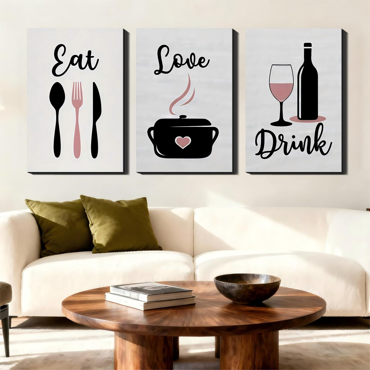 3 Piece Big Wall Art - Eat Love Drink Kitchen Decor, Dining Utensil/Wine Prints, Oversize Wall Art Adding Charm to