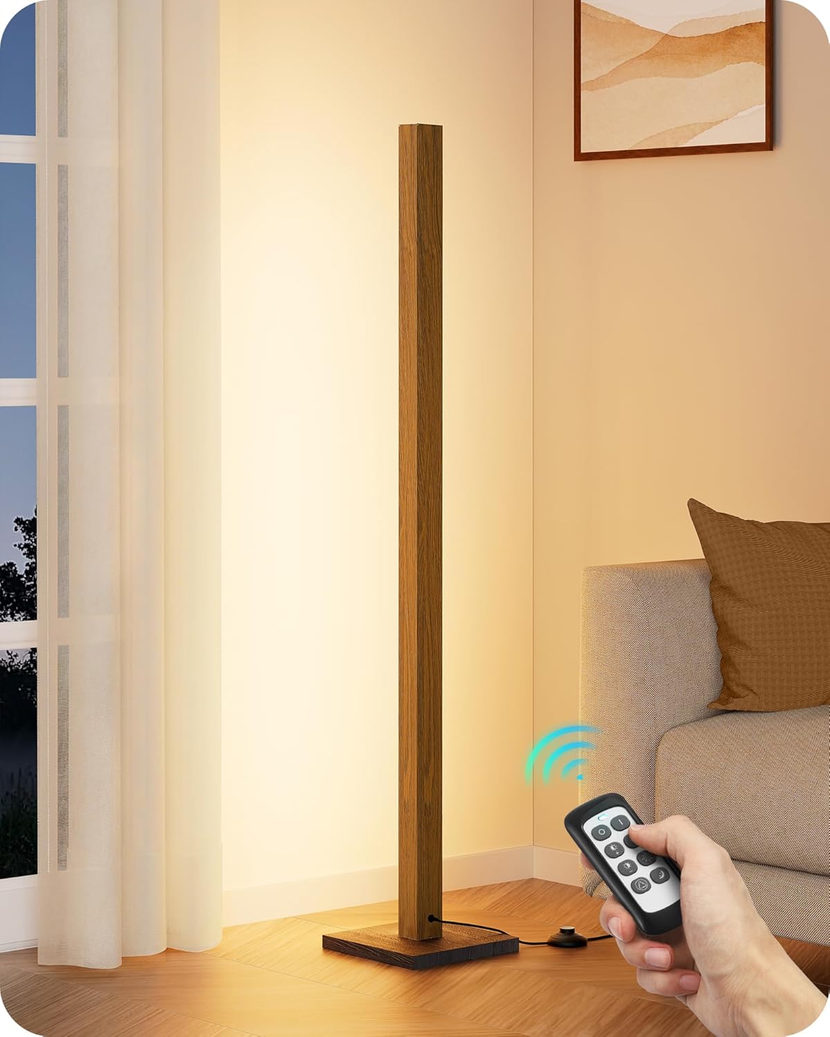 Mid Century Modern Floor Lamp with Remote, Dimmable Wood LED Corner Lamp, Minimalist Standing Mood Lighting