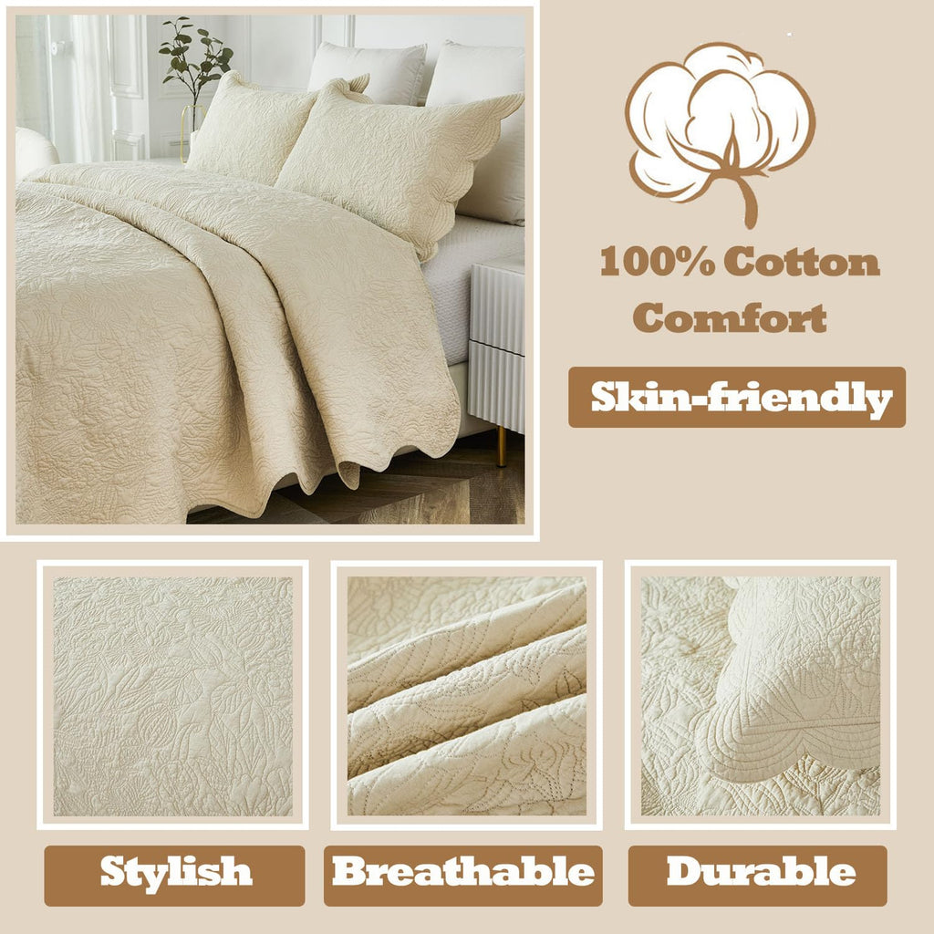 Beige Quilts Cotton Queen Size Bedspreads Elegant Botanical Matelasse Coverlet Luxury Scalloped Quilts