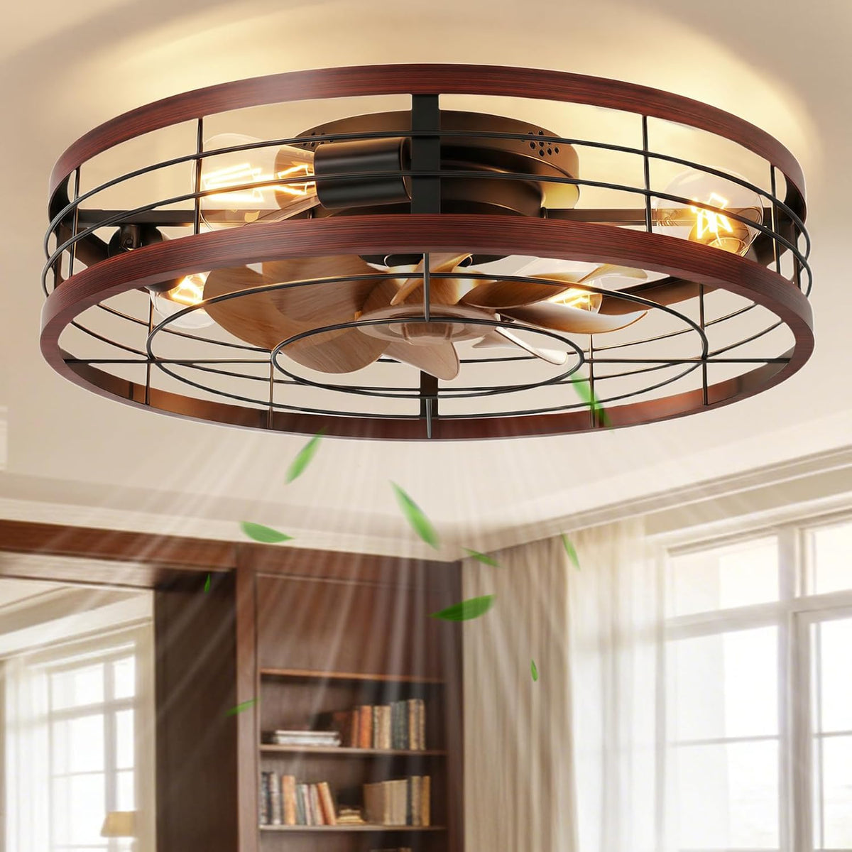 23.6" Flush Mount Caged Ceiling Fan with Light & Remote