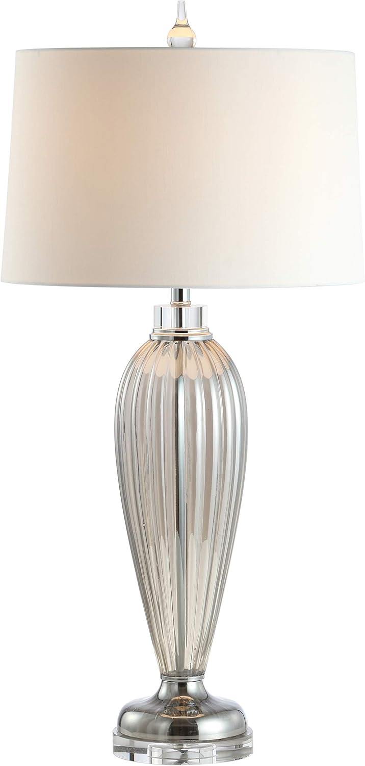 33.5" Smoked Grey Glass/Crystal Table Lamp, Traditional Fluted Glass Column with White Faux Silk Drum Shade