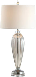 33.5" Smoked Grey Glass/Crystal Table Lamp, Traditional Fluted Glass Column with White Faux Silk Drum Shade