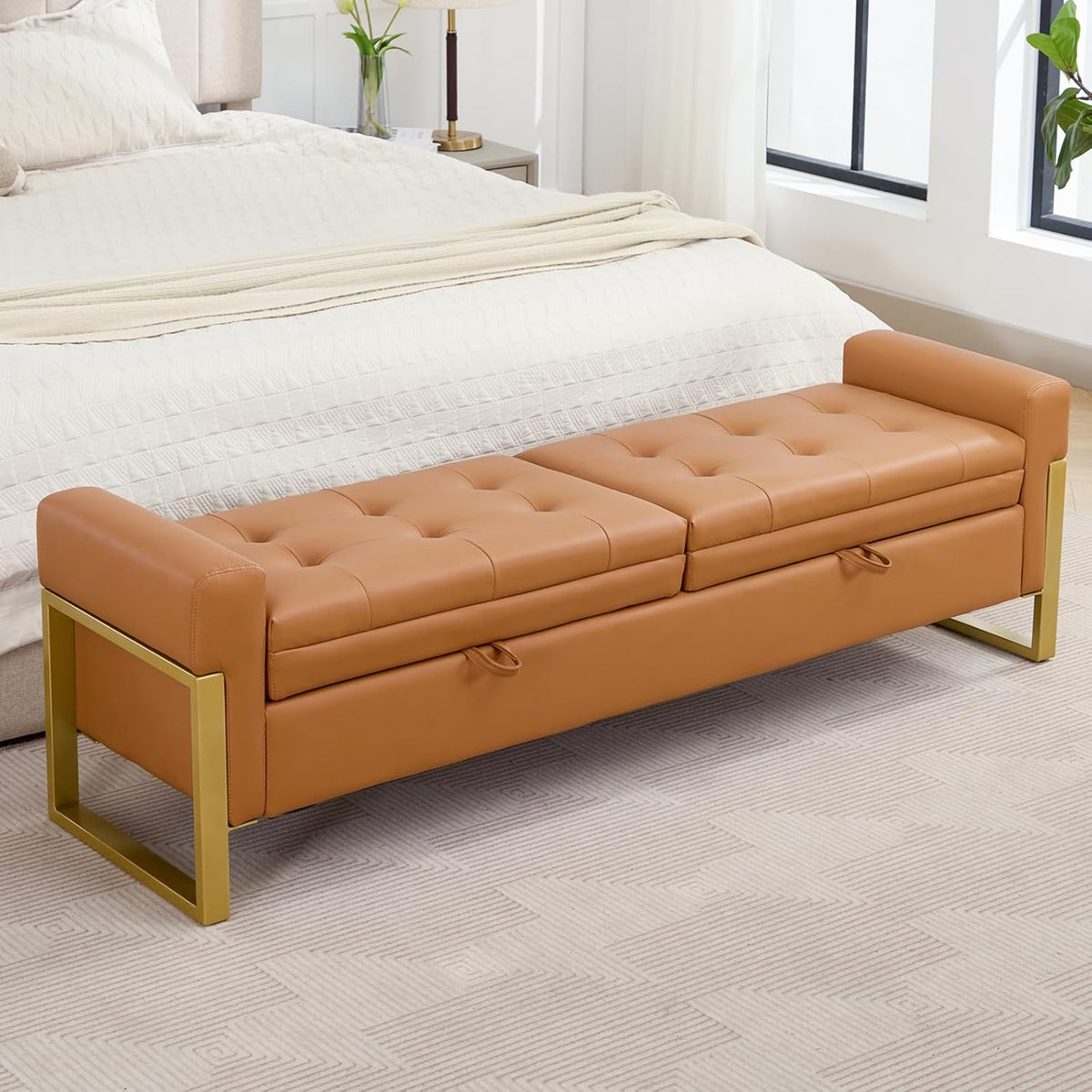 67" Storage Bench End of Bed King Size, Light Brown | Double Lids, Upholstered Faux Leather Storage Bench with Golden