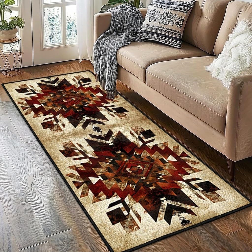 Southwestern Tribal Runner Rug, Native American Ethnic Pattern Print Distressed Aztec Retro Throw Rugs, Cozy