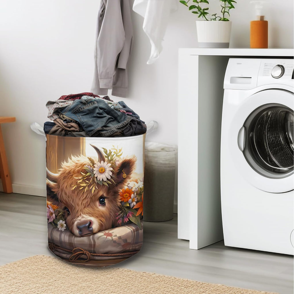 Highland Cow Laundry Basket, Farmhouse Floral Western Cow Waterproof Collapsible Laundry Hamper Dirty Clothes Storage