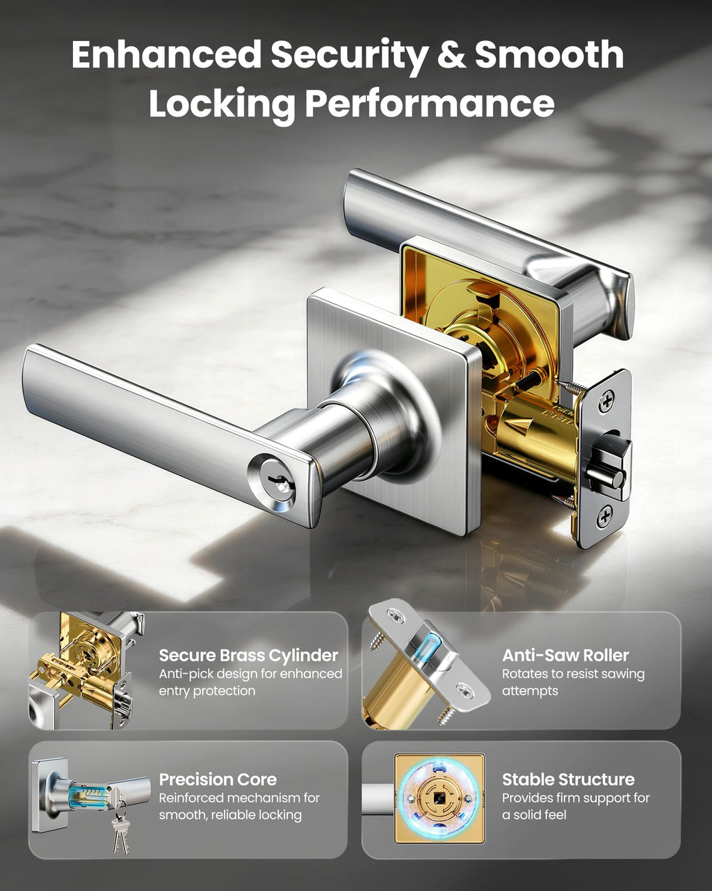 Square Keyed Entry Door Lever, Door Handle with Lock, Satin Nickel