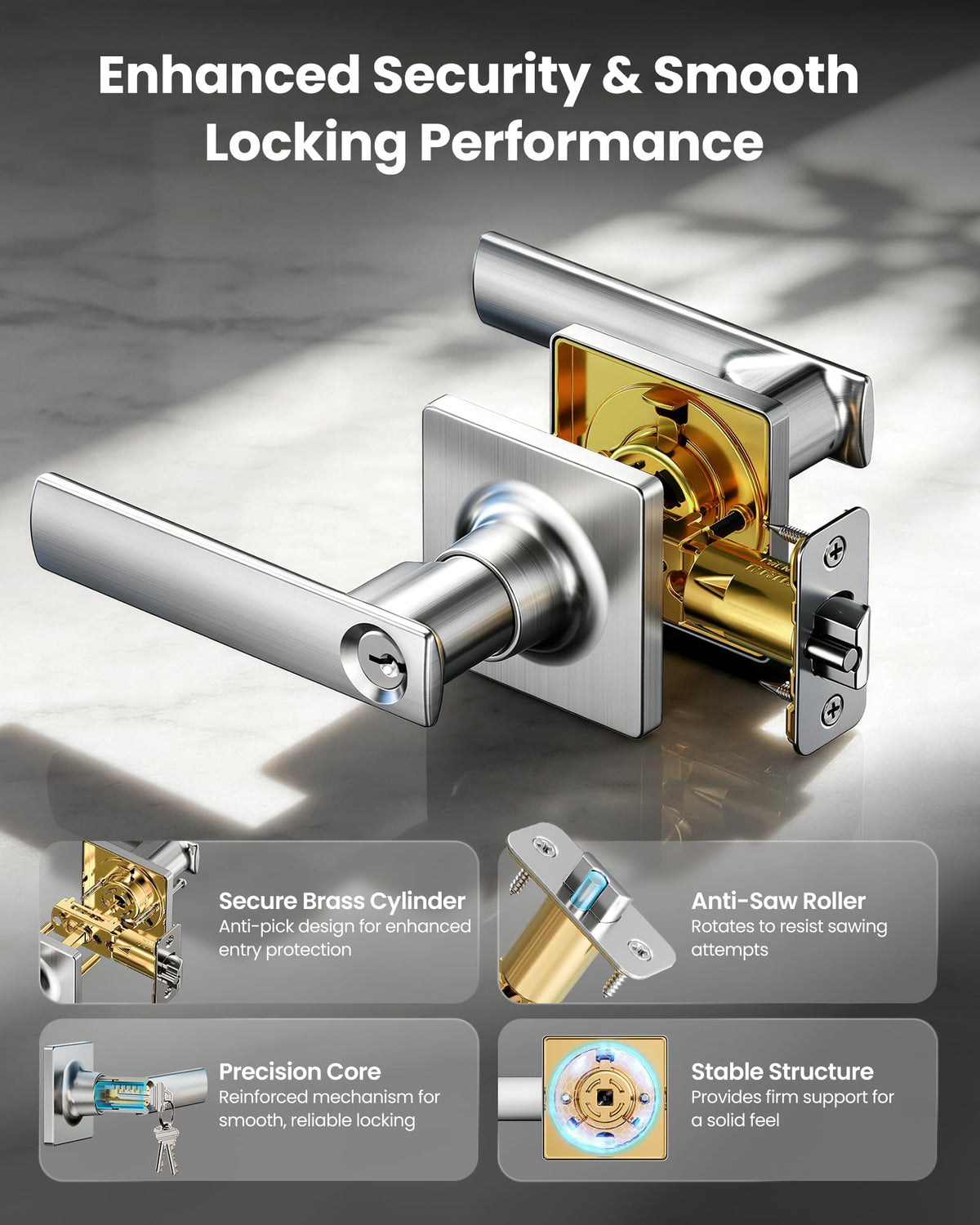 Square Keyed Entry Door Lever, Door Handle with Lock, Satin Nickel
