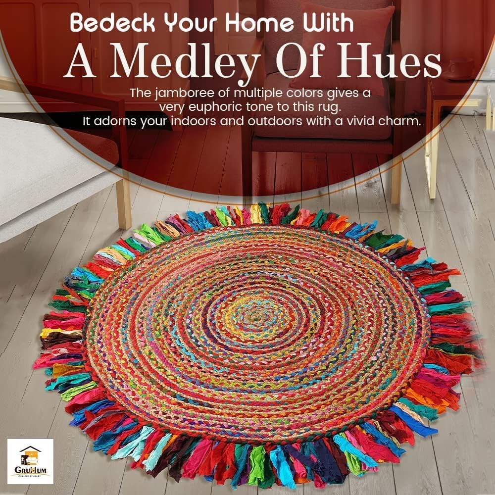 Jute Area Rug 6ft-Natural Fiber Round Cotton Fringes Handmade Boho Multicolour Soft Braided Rustic Vintage for Indoor
