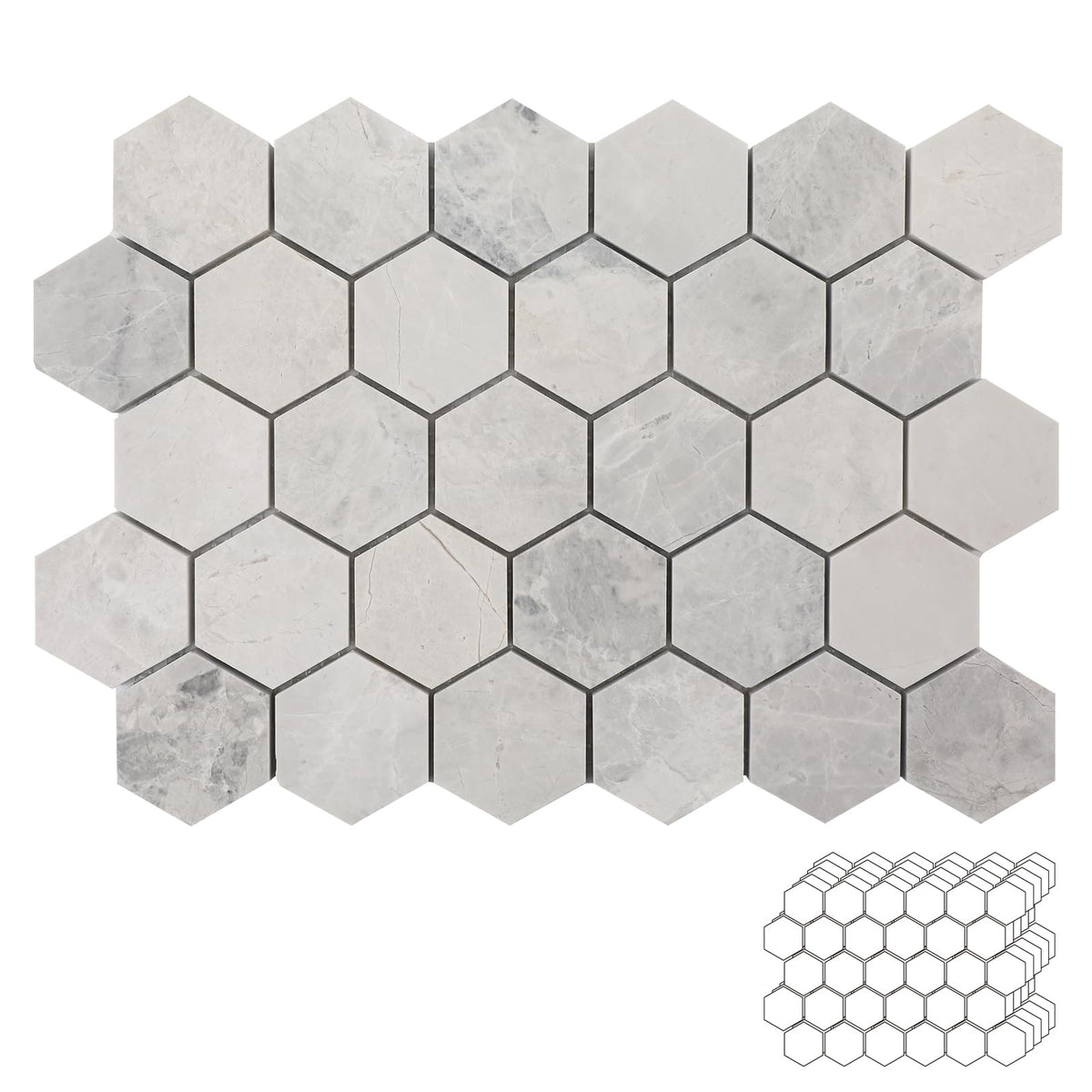 Andes Grey Marble Stone 2 Inch Hexagon White Marble Mosaic Tile Wall Bathroom Shower Floor (5 Sheet, Honed)