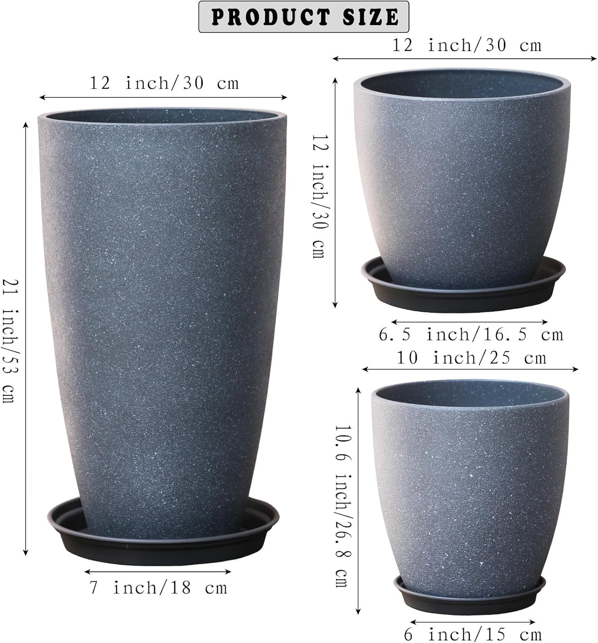 Garden Decorative Planters Tall Round Flower Pots with Drainage Hole & Saucer Cement Grey Surface Painting Robust &
