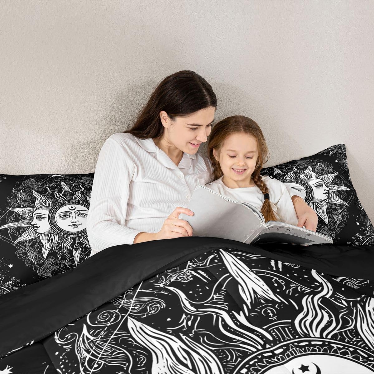 Bohemian Black and White Bedding Set Full, Sun and Moon Comforter Set Boho Floral Paisley Down Comforter, Tribe Exotic