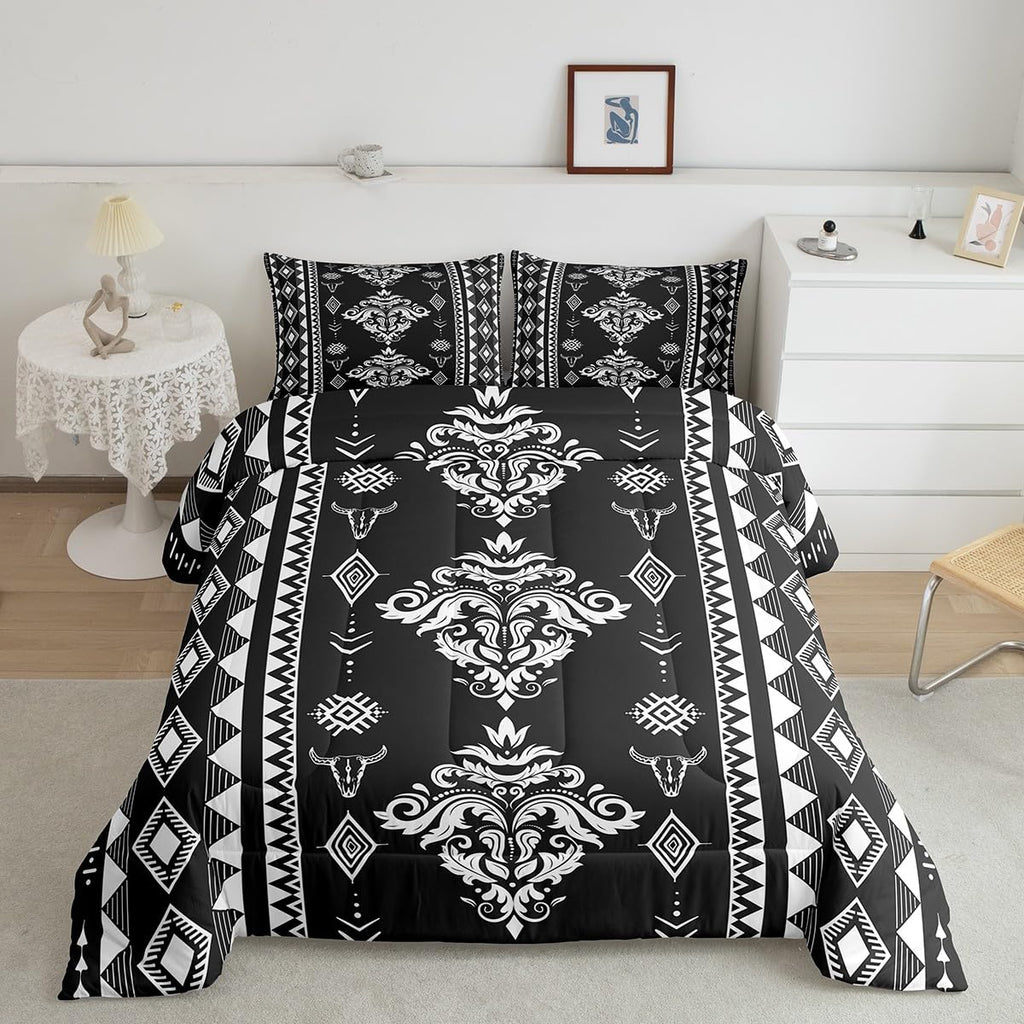 Western Damask Bedding Set King Size, Boho Aztec Comforter Set, Exotic Native Duvet Insert for Boys Girls Women Men