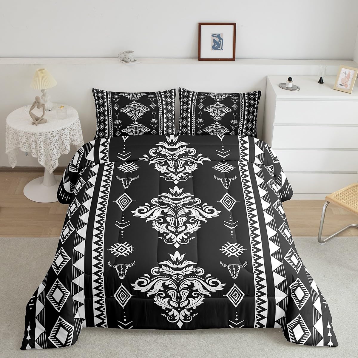 Western Damask Bedding Set King Size, Boho Aztec Comforter Set, Exotic Native Duvet Insert for Boys Girls Women Men