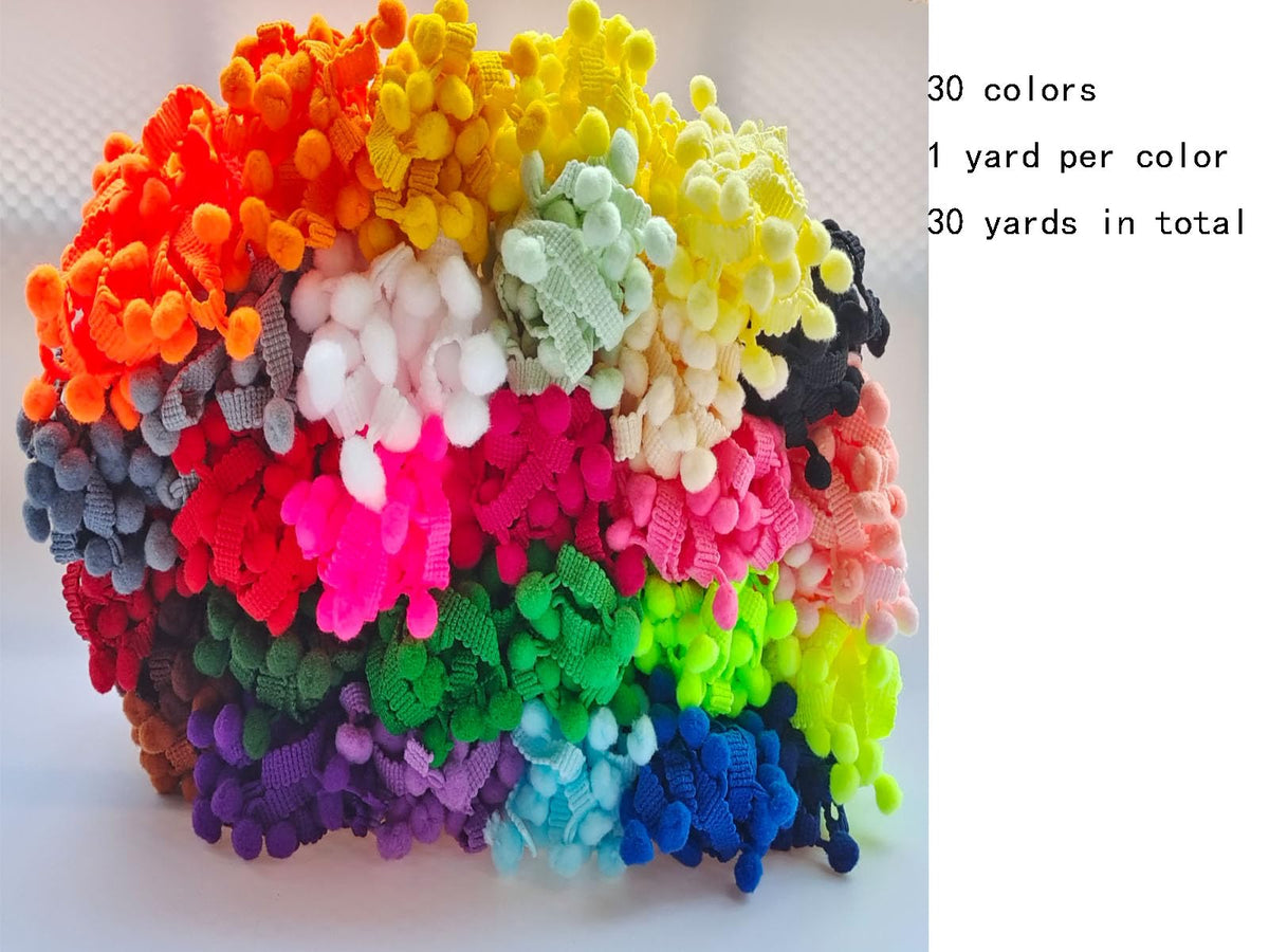 Pom Pom Trim 30 Yards 30 Colors 12mm Ball Fringe Trim for Sewing Accessory Decoration DIY Crafts (Mixed Color 1, 12mm