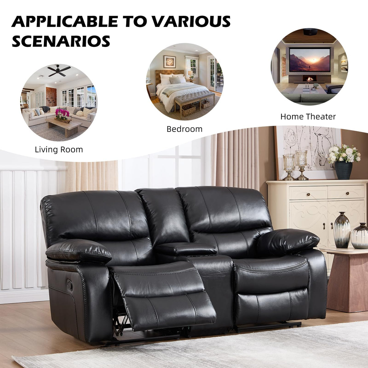 Faux Leather Manual Recliner Sofa Set, Americana Minimalist 2 Recliner Chairs and 1 Reclining Loveseat with Center