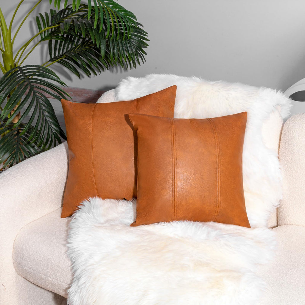 Faux Leather Throw Pillow Cover 16X16 Inch Set of 2 Brown Outdoor Modern Farmhouse Solid Decorative Pillow Covers for