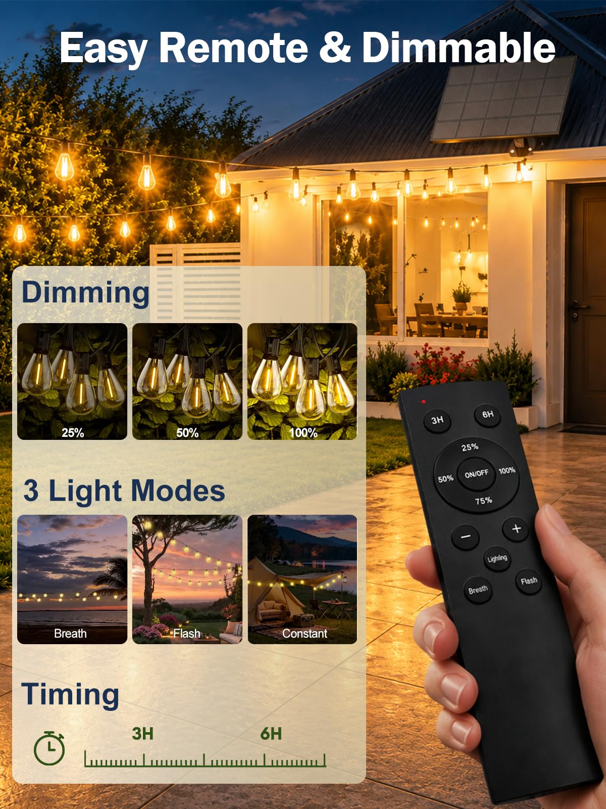 Solar String Lights Outdoor, Dimmable Patio Lights Solar Powered with Remote & USB Port 35+1 LED Shatterproof